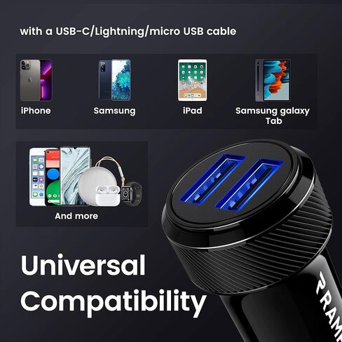 شاحن سيارة RAMPOW 24W/12V 4.8A محول USB ولاعة سجائر مزدوج مع LED أزرق لهاتف iPhone 14/13/12/11/X/8/7/6/5/SE، iPad Pro/Air 2/Mini، Samsung Galaxy S9/ S8/S7، موتورولا، إل جي، إتش تي سي، تابلت والمزيد - أسود in Kuwait