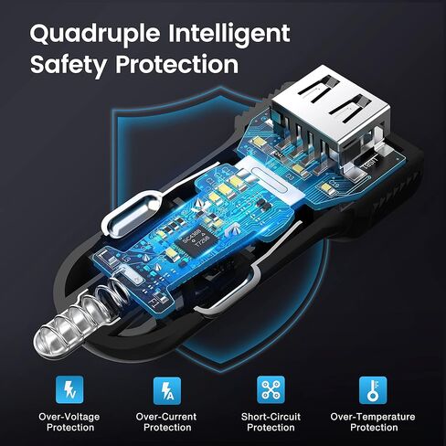 شاحن سيارة RAMPOW 24W/12V 4.8A محول USB ولاعة سجائر مزدوج مع LED أزرق لهاتف iPhone 14/13/12/11/X/8/7/6/5/SE، iPad Pro/Air 2/Mini، Samsung Galaxy S9/ S8/S7، موتورولا، إل جي، إتش تي سي، تابلت والمزيد - أسود in Kuwait