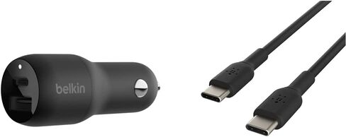 شاحن سيارة سريع بمنفذ مزدوج 37 واط من بيلكين، ومنفذ USB من النوع C 25 واط PPS ومنفذ USB A 12 واط لهاتف Galaxy S22 وS21 وPlus وUltra و5G وPlus وNote 20 وiPhone 13 و12 و11 وPro وMax وMini والمزيد in Kuwait