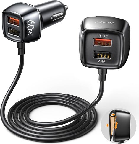 AINOPE Family Car Charger, [2022 Upgraded] Fast Car Charger Adapter [4 Ports 60W], QC 3.0 Car Charger, USB Car Charger Cigarette Lighter Adapter Compatible for iPhone Samung iPad MacBook Fire Tablet in Saudi Arabia