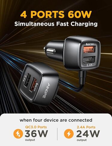 AINOPE Family Car Charger, [2022 Upgraded] Fast Car Charger Adapter [4 Ports 60W], QC 3.0 Car Charger, USB Car Charger Cigarette Lighter Adapter Compatible for iPhone Samung iPad MacBook Fire Tablet in Saudi Arabia