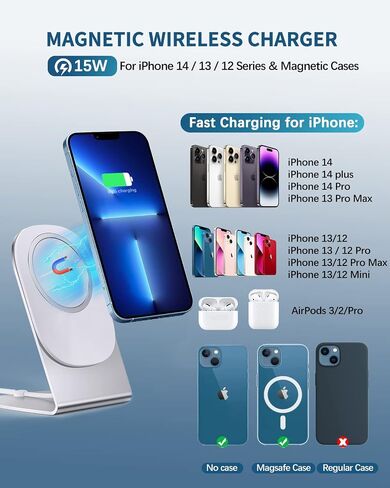 Magnetic Wireless Charger Mag-Safe Charger for iPhone 14/13/12 Series Convertible Magnet Wireless Charging Stand/Pad with 20W Adapter 5ft Cable for iPhone 14 13 12 Pro/Max/Plus/Mini AirPods Pro/3/2 in Saudi Arabia