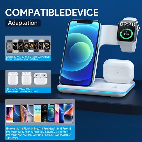 شاحن لاسلكي، قاعدة شحن سريعة 3 في 1 لساعة Apple Series SE 8~2، AirPods، iPhone 14 13 12 11 Pro/X/Xr/Xs/8 Plus، والهواتف المعتمدة من Qi (مع محول QC3.0) in Saudi Arabia