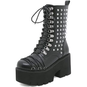 mikarka Women's Chain Platform Boots Lace Up & Zipper Chunky Heel Black Combat Ankle Booties Fashion Studded Motorcycle Boots