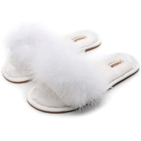 FAYUEKEY Fur Slippers for Women Fluffy Furry Soft Plush Open Toe Slides Flats Shoes