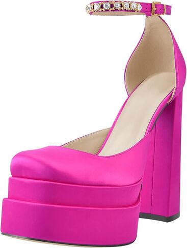 onlymaker Women's Chunky Heel Platform Sandals Crystal Clasp Square Toe Rhinestone Ankle Strap Satin Pumps in Kuwait