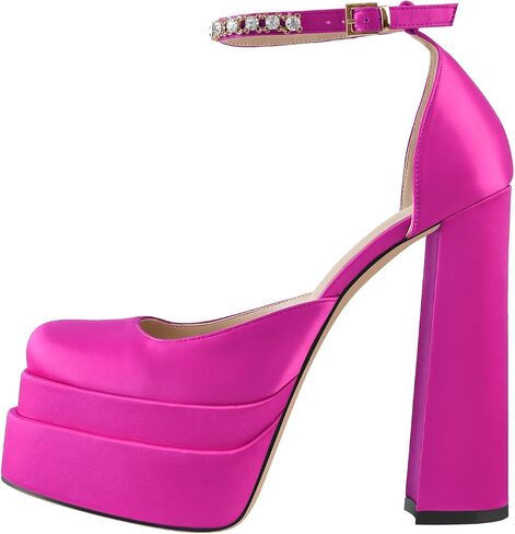 onlymaker Women's Chunky Heel Platform Sandals Crystal Clasp Square Toe Rhinestone Ankle Strap Satin Pumps in Kuwait