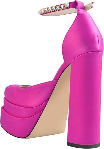 onlymaker Women's Chunky Heel Platform Sandals Crystal Clasp Square Toe Rhinestone Ankle Strap Satin Pumps in Kuwait