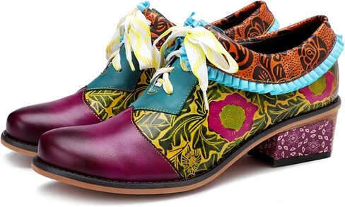 Riutiru Women's Handmade Lambskin Oxford Loafers Shoes with Retro Ethnic Printed Style, Brock Design for Casual and Fashion Collegiate Style in Kuwait