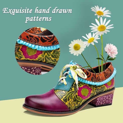 Riutiru Women's Handmade Lambskin Oxford Loafers Shoes with Retro Ethnic Printed Style, Brock Design for Casual and Fashion Collegiate Style in Kuwait