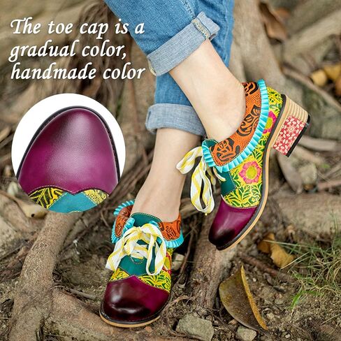 Riutiru Women's Handmade Lambskin Oxford Loafers Shoes with Retro Ethnic Printed Style, Brock Design for Casual and Fashion Collegiate Style in Kuwait