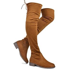 Premier Standard - Women's Fashion Comfy Vegan Suede Block Heel Side Zipper Back Lace Thigh High Over The Knee Boots in Saudi Arabia