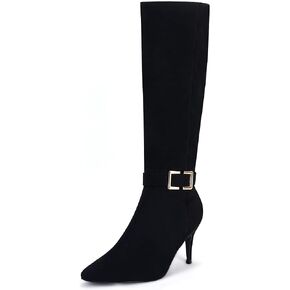 Coutgo Womens Knee High Boots Stiletto Heels Suede Pointed Toe Wide Calf Metal Buckle Side Zipper Winter Boots