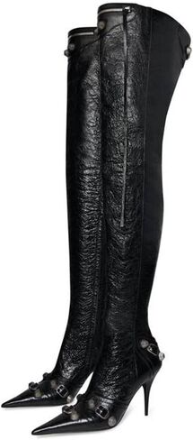 Knee High Boots for Women Stiletto Heel Studded Boots Pointed Toe Rivets Tassel Boot Sexy High Heel Punk Boots Zipper in Saudi Arabia