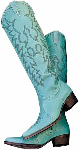 GORBINETI Women's Cowboy Boots, Faux Suede Mid Calf Western Boots | Vintage Embroidered Cowgirl Style, Pull-On Design, Almond Toe, Chunky Block Heel, Concert, Festival and Party Wear in Saudi Arabia