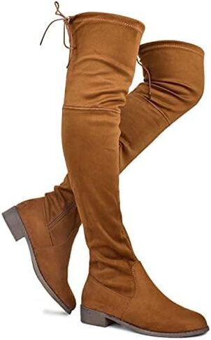 Premier Standard - Women's Fashion Comfy Vegan Suede Block Heel Side Zipper Back Lace Thigh High Over The Knee Boots in Kuwait