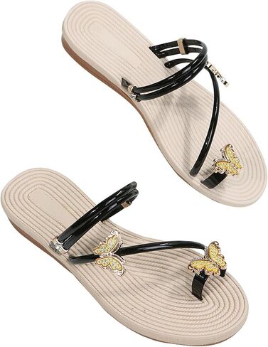 Women Summer Casual Flat Sandals Cute Slides Rhinestone & Butterfly Decor Toe Ring Clip Toe Thong Flip Flops Lightweight Comfy Beach Shoes Slipper in Kuwait