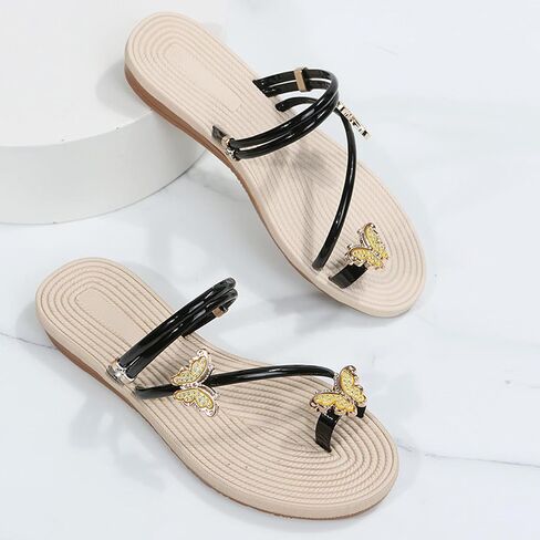 Women Summer Casual Flat Sandals Cute Slides Rhinestone & Butterfly Decor Toe Ring Clip Toe Thong Flip Flops Lightweight Comfy Beach Shoes Slipper in Kuwait