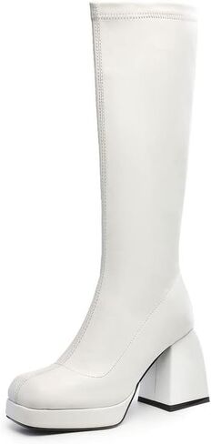 Yallmay Black Platform Boots Knee High Boots for women Go Go Boots Square Toe Chunky Boots Mid-Calf Boots in Kuwait