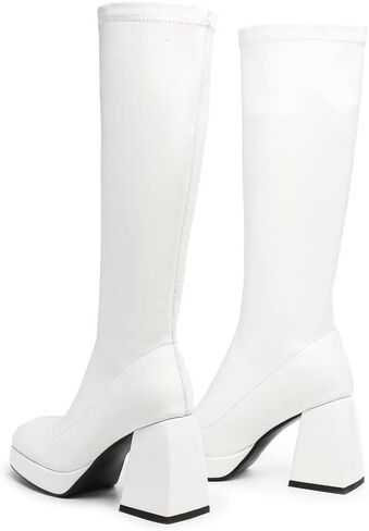 Yallmay Black Platform Boots Knee High Boots for women Go Go Boots Square Toe Chunky Boots Mid-Calf Boots in Kuwait