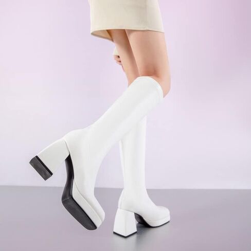 Yallmay Black Platform Boots Knee High Boots for women Go Go Boots Square Toe Chunky Boots Mid-Calf Boots in Kuwait