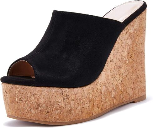 LAICIGO Womens Wedge Platform Slide on Sandals Open Toe Cork Faux Suede Dress Summer Slippers Shoes in Saudi Arabia