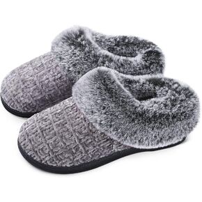 DL Women's House Slippers with Fuzzy Plush Faux Fur Collar, Memory Foam Slip on House Shoes with Indoor Outdoor Anti-Skid Rubber Sole