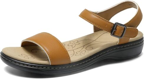 Women's Classic Flat Sandals Leather Open Toes Memory Foam One Band Ankle Strap Adjustable Slip On Shoes in Saudi Arabia