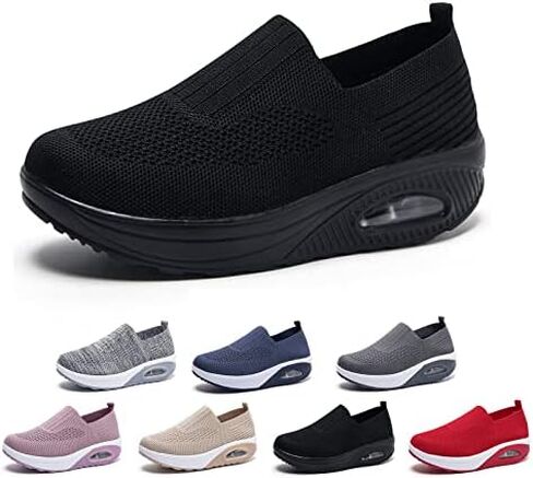 Braised Pork Air Cushion Slip On Walking Shoes Orthopedic Diabetic Walking Shoes,Casual Mesh Air-Cushion Walking Sneakers,Wedge Sneakers for Women (Black,US-8) in Saudi Arabia