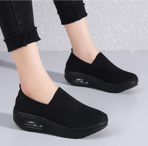 Braised Pork Air Cushion Slip On Walking Shoes Orthopedic Diabetic Walking Shoes,Casual Mesh Air-Cushion Walking Sneakers,Wedge Sneakers for Women (Black,US-8) in Saudi Arabia