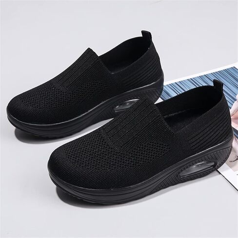 Braised Pork Air Cushion Slip On Walking Shoes Orthopedic Diabetic Walking Shoes,Casual Mesh Air-Cushion Walking Sneakers,Wedge Sneakers for Women (Black,US-8) in Saudi Arabia