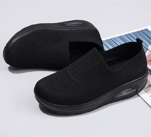 Braised Pork Air Cushion Slip On Walking Shoes Orthopedic Diabetic Walking Shoes,Casual Mesh Air-Cushion Walking Sneakers,Wedge Sneakers for Women (Black,US-8) in Saudi Arabia