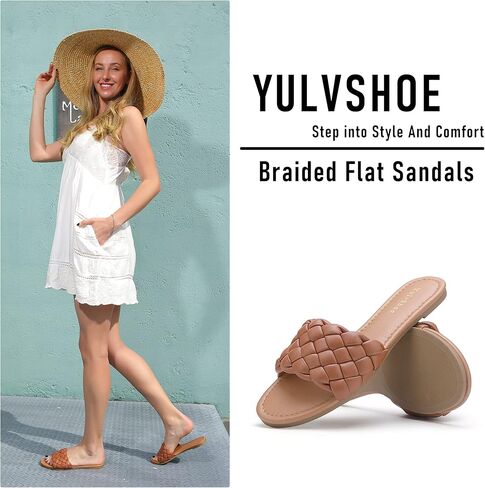 YULVSHOE Women's Braided Flat Sandals Fashion Woven Open Toe Slip On Slides Strappy Beach Sandals Slippers For Summer in Kuwait