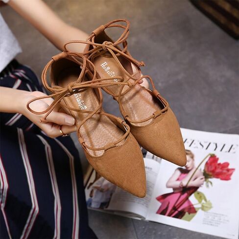 Meeshine Womens D'Orsay Pointy Toe Ankle Strap Wrap Ballet Flats Lace Up Flat Shoes in Kuwait
