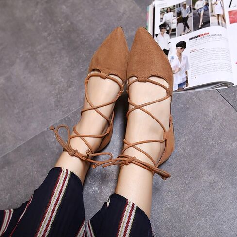 Meeshine Womens D'Orsay Pointy Toe Ankle Strap Wrap Ballet Flats Lace Up Flat Shoes in Kuwait