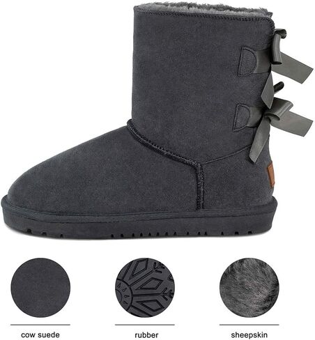 Sheepskin Fur Lining Winter Warm Boots for Women & Ladies, Women's Mid Calf Leather Short Fashion Bow Snow Boots in Kuwait