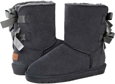 Sheepskin Fur Lining Winter Warm Boots for Women & Ladies, Women's Mid Calf Leather Short Fashion Bow Snow Boots in Kuwait