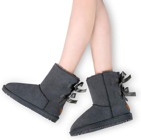 Sheepskin Fur Lining Winter Warm Boots for Women & Ladies, Women's Mid Calf Leather Short Fashion Bow Snow Boots in Kuwait