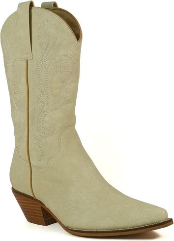 ARiderGirl Spindelle Women's Western Style Mid Calf Embroidery Studs Stacked Heel Pull-On Boots in Kuwait