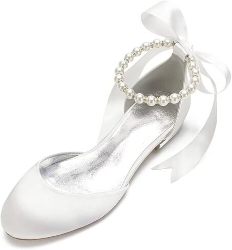 Wedding Shoes Flats for Bride Satin Pearls Round Toe Women Dress Shoes for Special Occasions in Kuwait