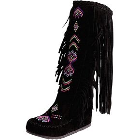 ZBYY Women's Fringe Western Boots,Winter Flats Suede Embroidered Closed Toe Mid Calf Knee High Flat Boot Mid Calf Boots in Kuwait