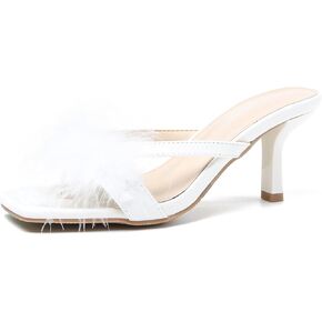 صنادل نسائية من Enelauge ذات مقدمة مربعة من الريش المنفوش، شباشب ثونغ سهلة الارتداء على كعب قطط، أحذية بيضاء 38-7US in Kuwait