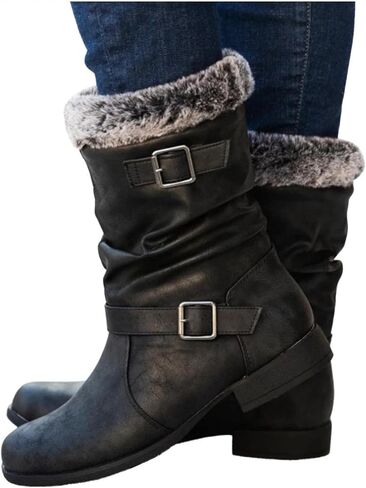 Hbeylia Winter Snow Boots For Women Vintage Slouchy Ruched Leather Metal Buckle Plush Fur Lined Round Toe Chunky Block Low Heels Mid Calf Boots Fashion Fleece Lining Warm Riding Work Short Boots in Kuwait