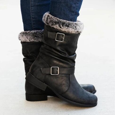 Hbeylia Winter Snow Boots For Women Vintage Slouchy Ruched Leather Metal Buckle Plush Fur Lined Round Toe Chunky Block Low Heels Mid Calf Boots Fashion Fleece Lining Warm Riding Work Short Boots in Kuwait