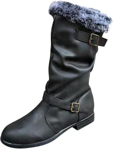 Hbeylia Winter Snow Boots For Women Vintage Slouchy Ruched Leather Metal Buckle Plush Fur Lined Round Toe Chunky Block Low Heels Mid Calf Boots Fashion Fleece Lining Warm Riding Work Short Boots in Kuwait