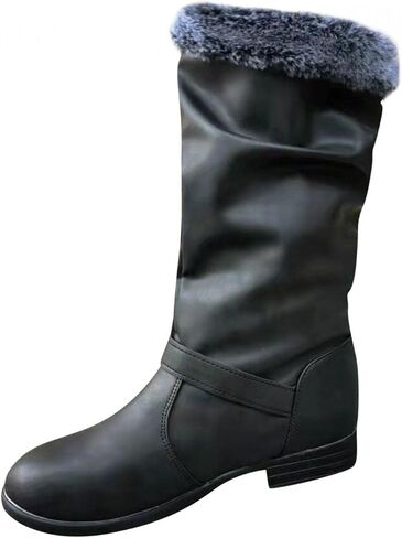 Hbeylia Winter Snow Boots For Women Vintage Slouchy Ruched Leather Metal Buckle Plush Fur Lined Round Toe Chunky Block Low Heels Mid Calf Boots Fashion Fleece Lining Warm Riding Work Short Boots in Kuwait