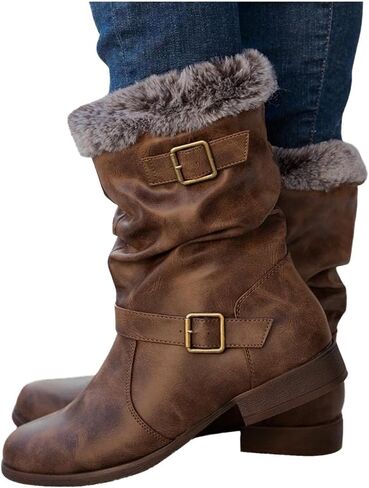 Hbeylia Winter Snow Boots For Women Vintage Slouchy Ruched Leather Metal Buckle Plush Fur Lined Round Toe Chunky Block Low Heels Mid Calf Boots Fashion Fleece Lining Warm Riding Work Short Boots in Kuwait