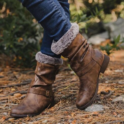 Hbeylia Winter Snow Boots For Women Vintage Slouchy Ruched Leather Metal Buckle Plush Fur Lined Round Toe Chunky Block Low Heels Mid Calf Boots Fashion Fleece Lining Warm Riding Work Short Boots in Kuwait