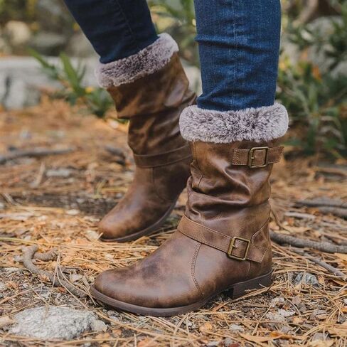 Hbeylia Winter Snow Boots For Women Vintage Slouchy Ruched Leather Metal Buckle Plush Fur Lined Round Toe Chunky Block Low Heels Mid Calf Boots Fashion Fleece Lining Warm Riding Work Short Boots in Kuwait