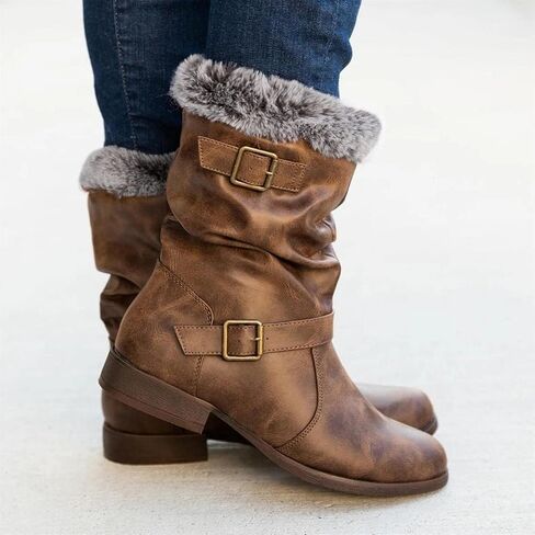 Hbeylia Winter Snow Boots For Women Vintage Slouchy Ruched Leather Metal Buckle Plush Fur Lined Round Toe Chunky Block Low Heels Mid Calf Boots Fashion Fleece Lining Warm Riding Work Short Boots in Kuwait